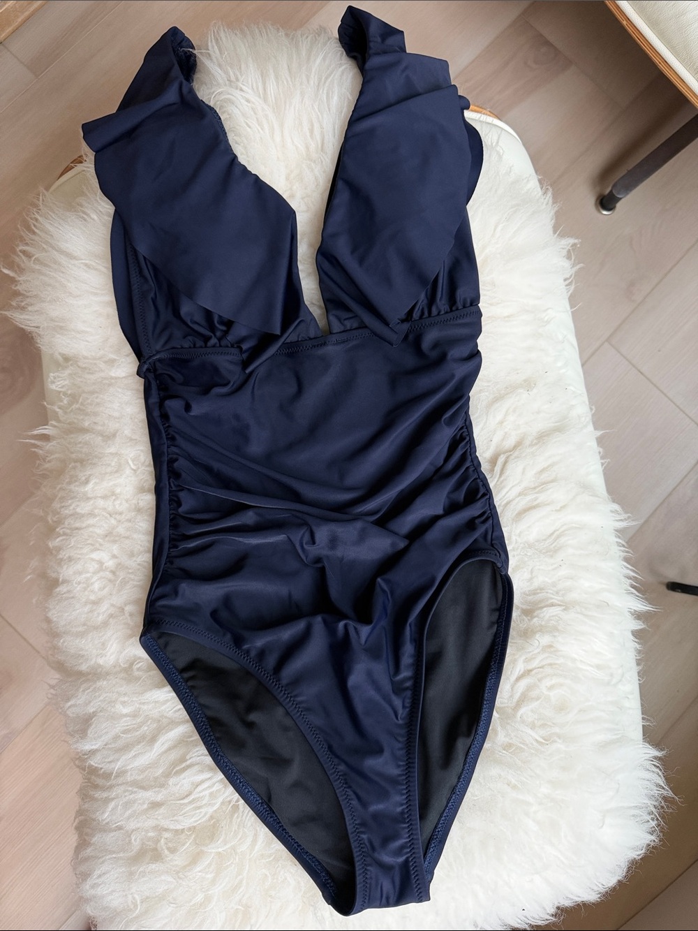 J. Crew Navy Ruched Ruffle V-Neck One-Piece Swimsuit